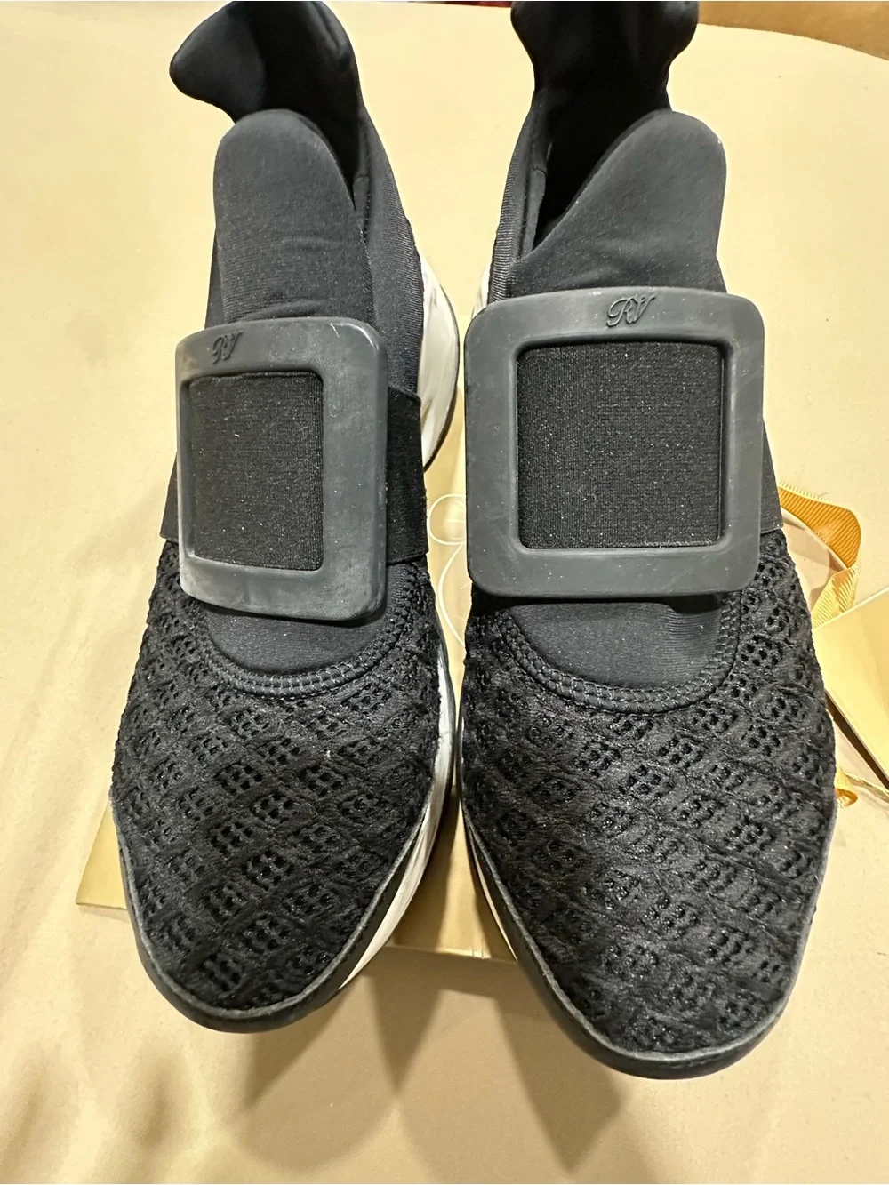 Roger Vivier Black Knit Slip-On Sneakers with Signature Buckle